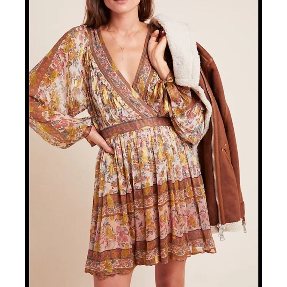 NWT Anthropologie Love Sam Saffron Shimmer Tunic Dress Boho Peasant SZ Small